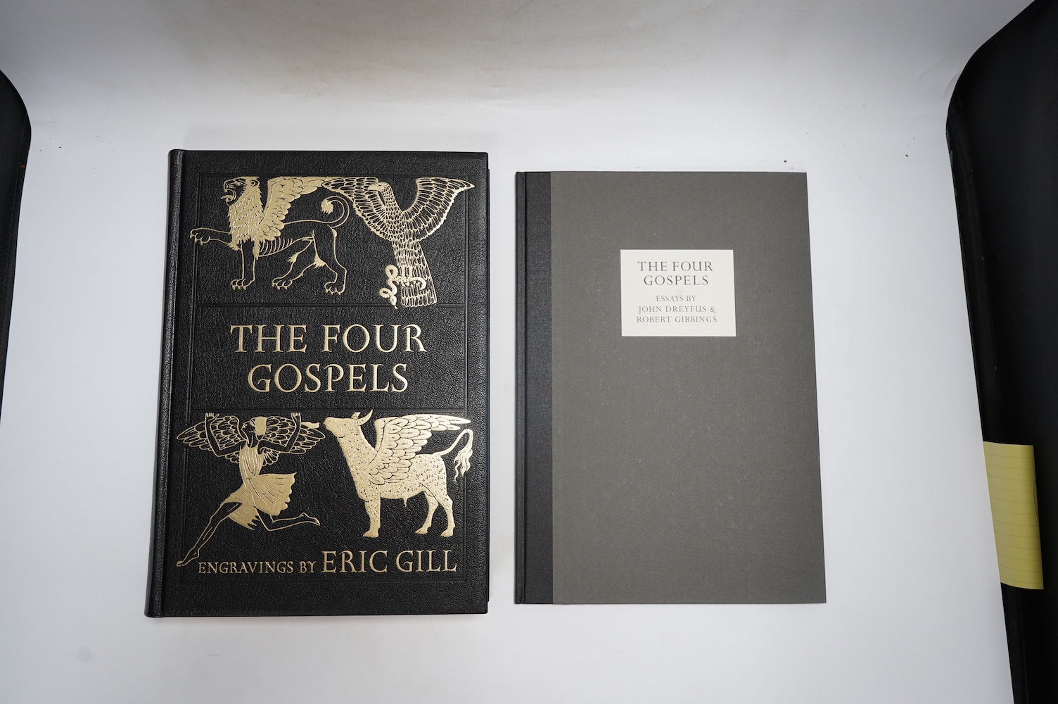 Folio Society - Gill, Eric - The Four Gospels, one of 2750, monochrome illustrations, all edges gilt, original gilt decorated full black morocco in black cloth drop box, includes Essays, by John Dreyfus & Robert Gibbings